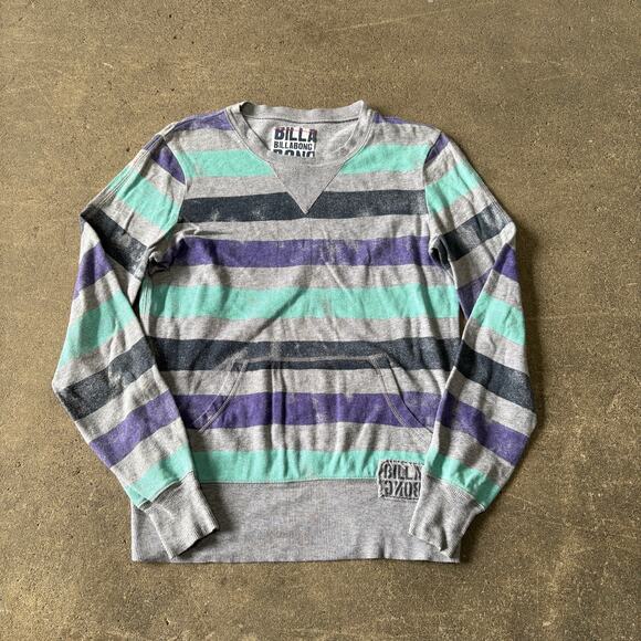 Billabong Sweater Womens M Gray Green Striped Pullover Sweatshirt Pocket - Picture 1 of 8